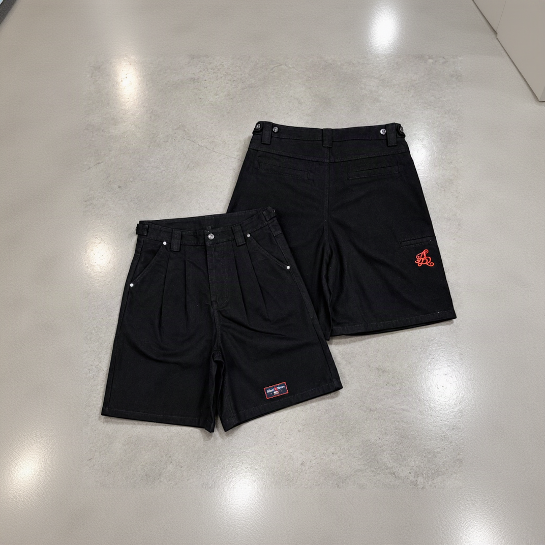 Washed Canvas Pleated Shorts - Black