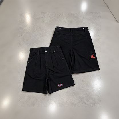 Washed Canvas Pleated Shorts - Black