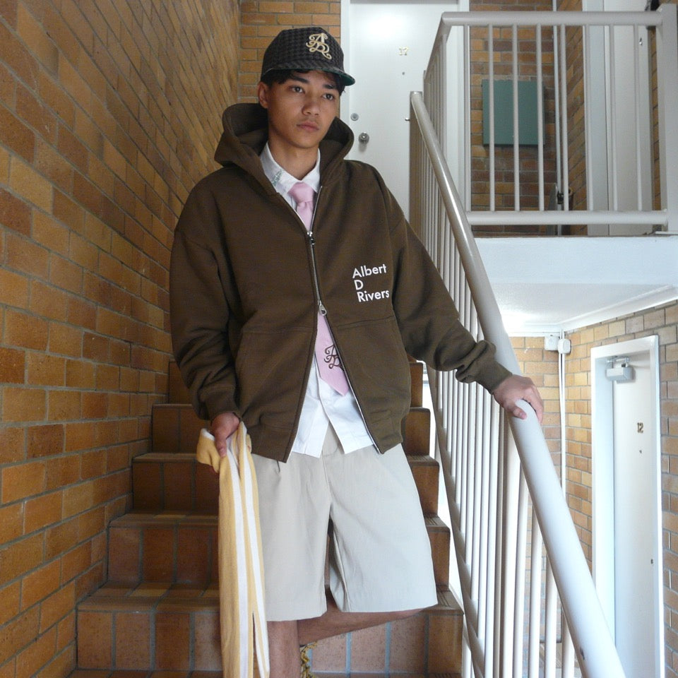 The Mission Double Zip Hoodie [ Brown / Cherry Blossom / pink) ]